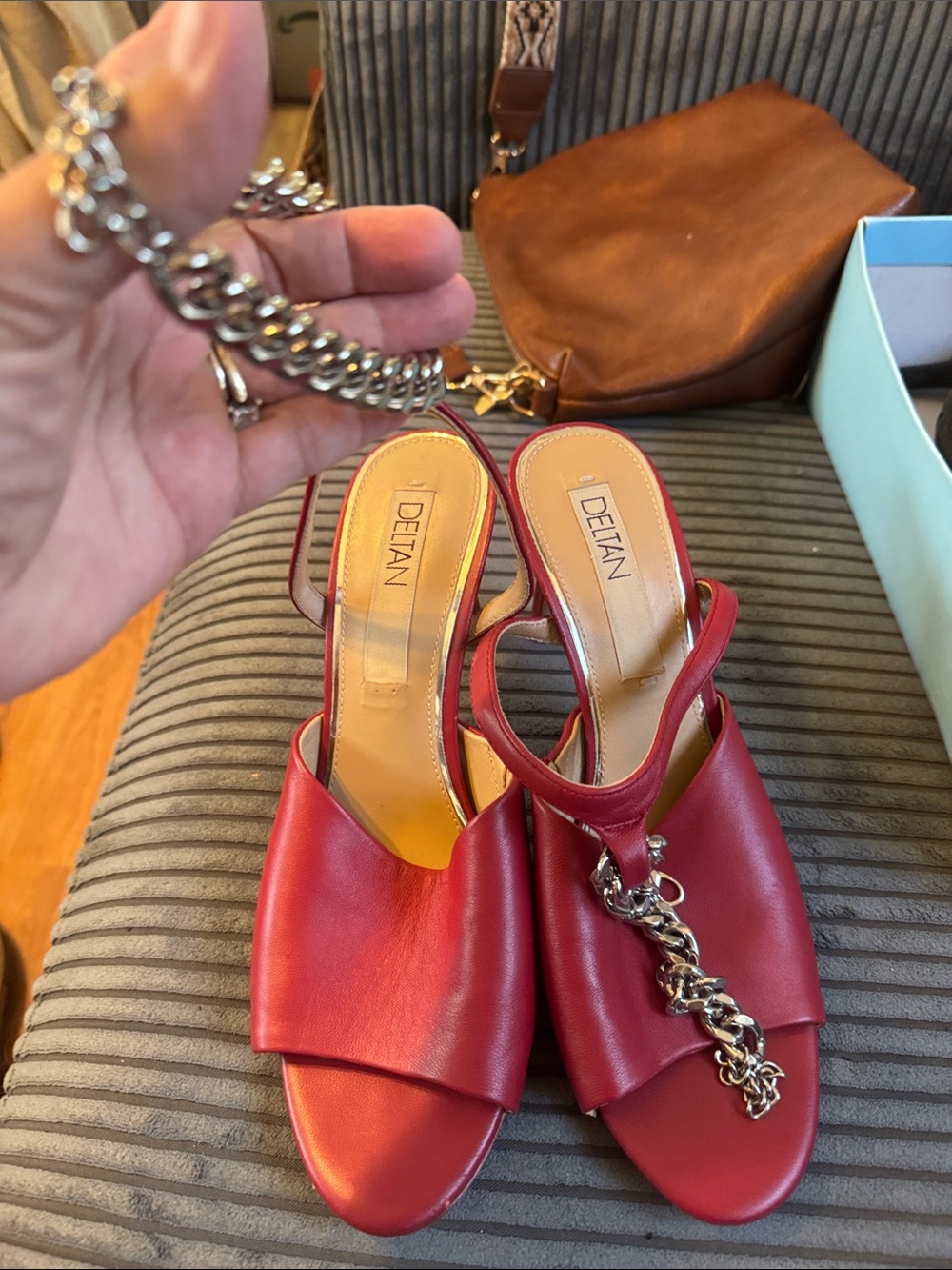 Detan Red Chain-Detail Slip-On Mules - Picture 2 of 6